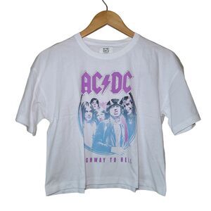 AC/DC Girl's Youth Size 15/16 White Cropped Shirt Gemstone Border Pink Blue New